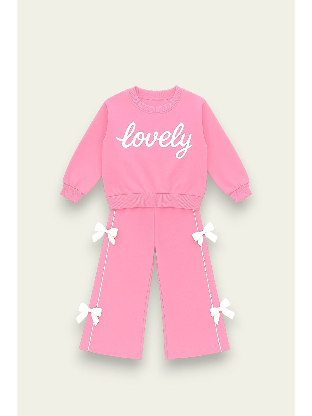 Pembe Kız Çocuk Lovely Yazılı Fiyonk Detaylı Okul Eşofman Takımı 2-10 Yaş 12067