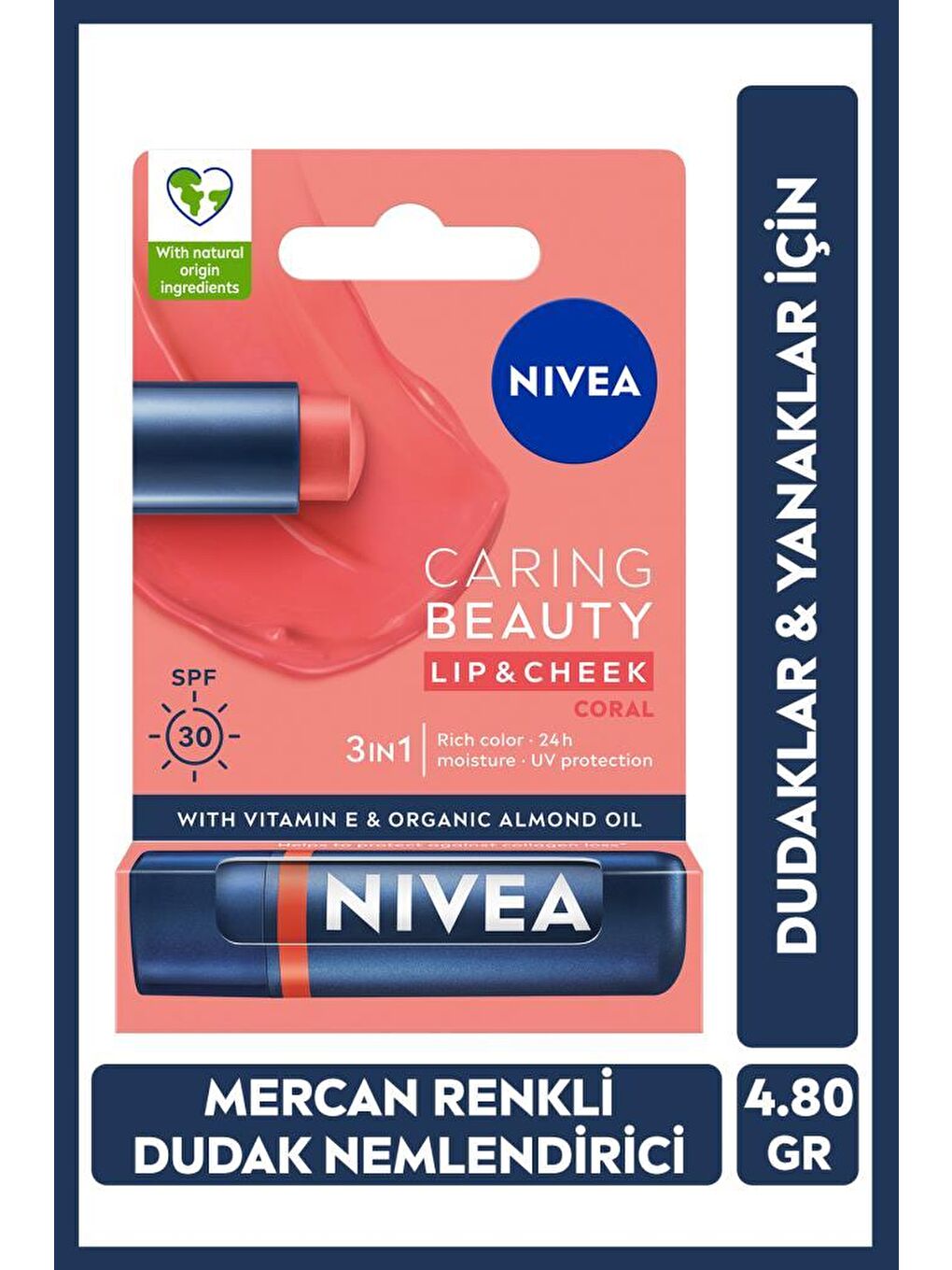 Renkli Nemlendirici Dudak Bakım Kremi Mercan 4.8gr,SPF30, Allık Etkisi, Dudak ve Yanaklar, E Vitamin