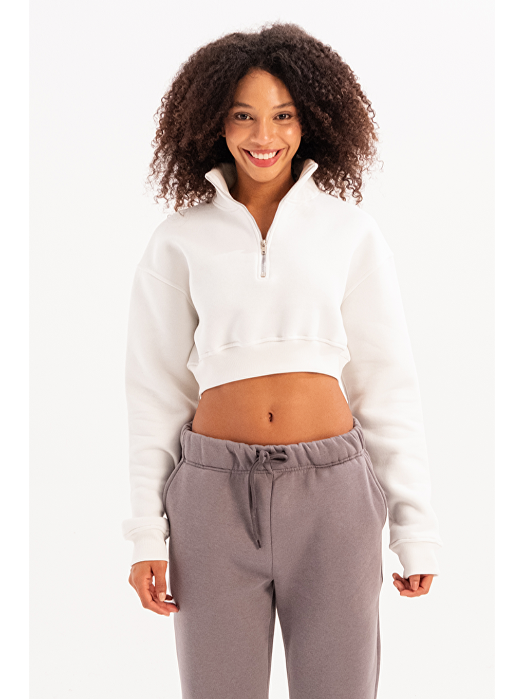 Crop Dik Yaka Yarı Fermuarlı Şardonlu Kadın Sweatshirt Vibe Ekru-2