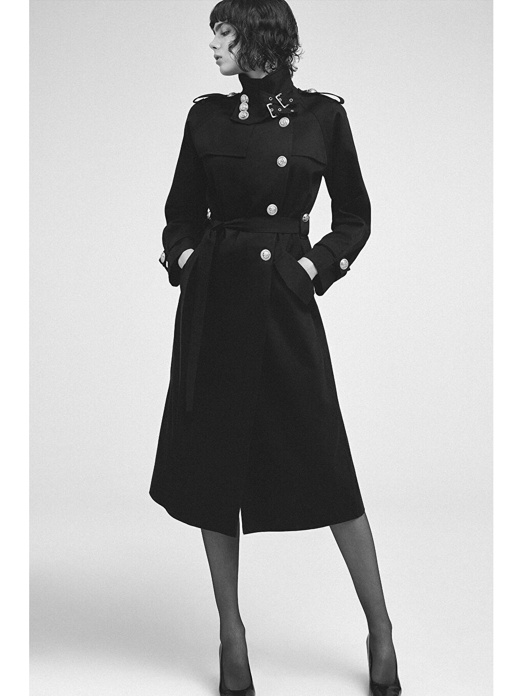 Siyah KEMERLİ GOLD DÜĞMELİ KRUVAZE TRENÇKOT