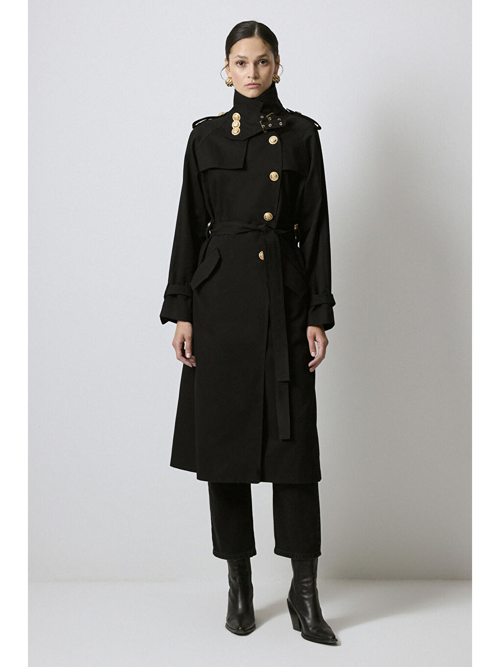 Siyah KEMERLİ GOLD DÜĞMELİ KRUVAZE TRENÇKOT-1