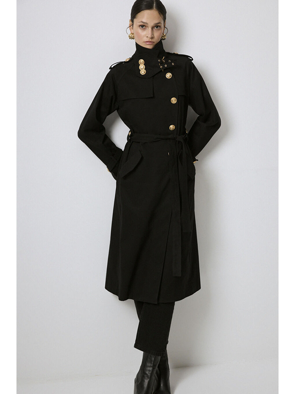 Siyah KEMERLİ GOLD DÜĞMELİ KRUVAZE TRENÇKOT-2