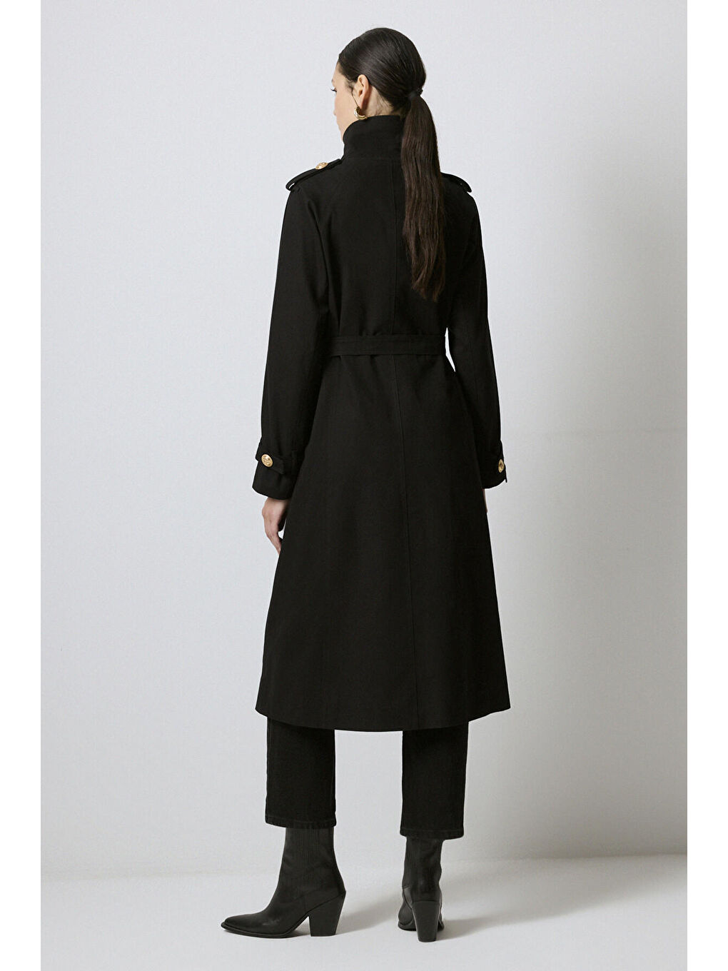 Siyah KEMERLİ GOLD DÜĞMELİ KRUVAZE TRENÇKOT-4