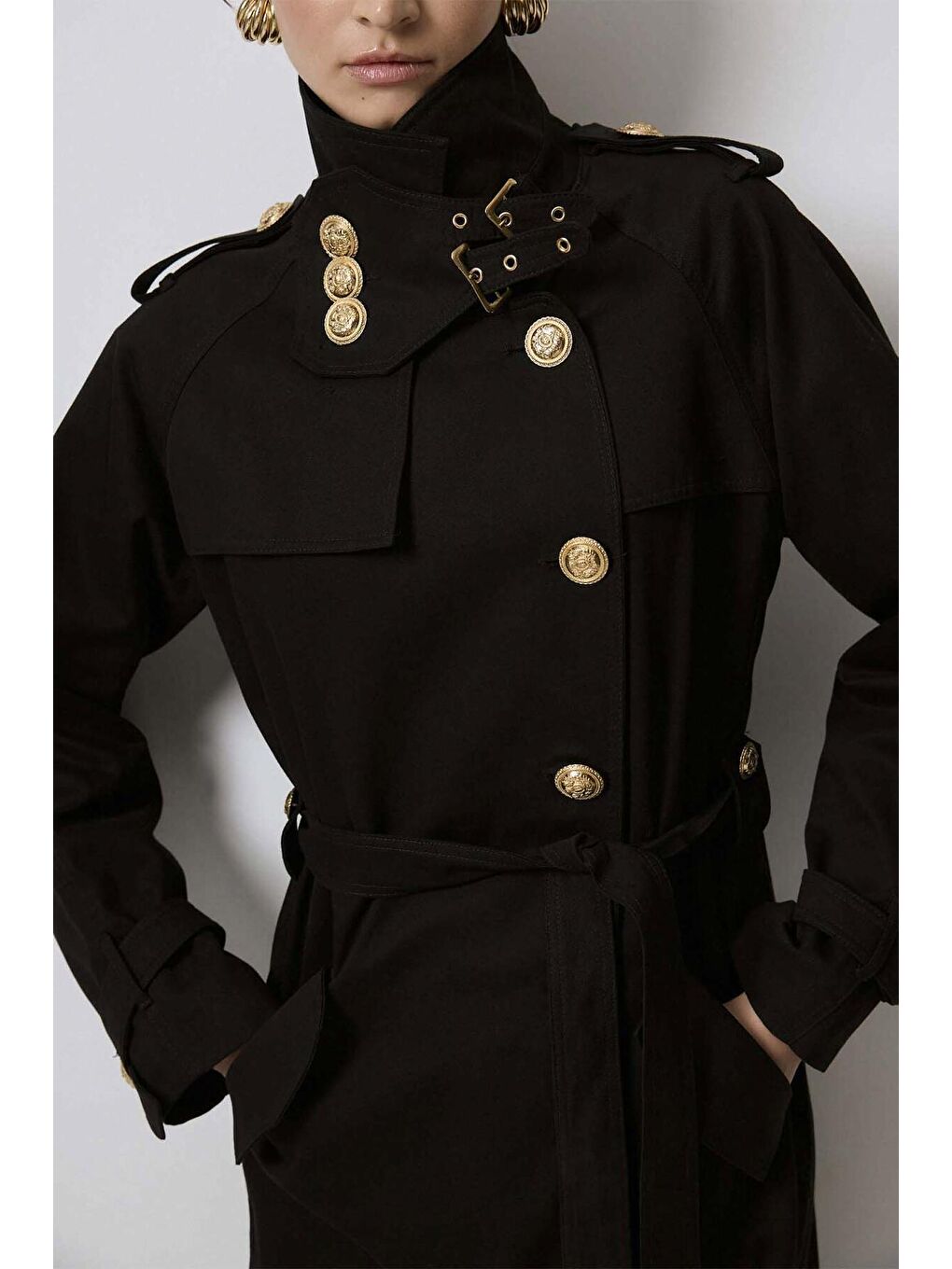Siyah KEMERLİ GOLD DÜĞMELİ KRUVAZE TRENÇKOT-5