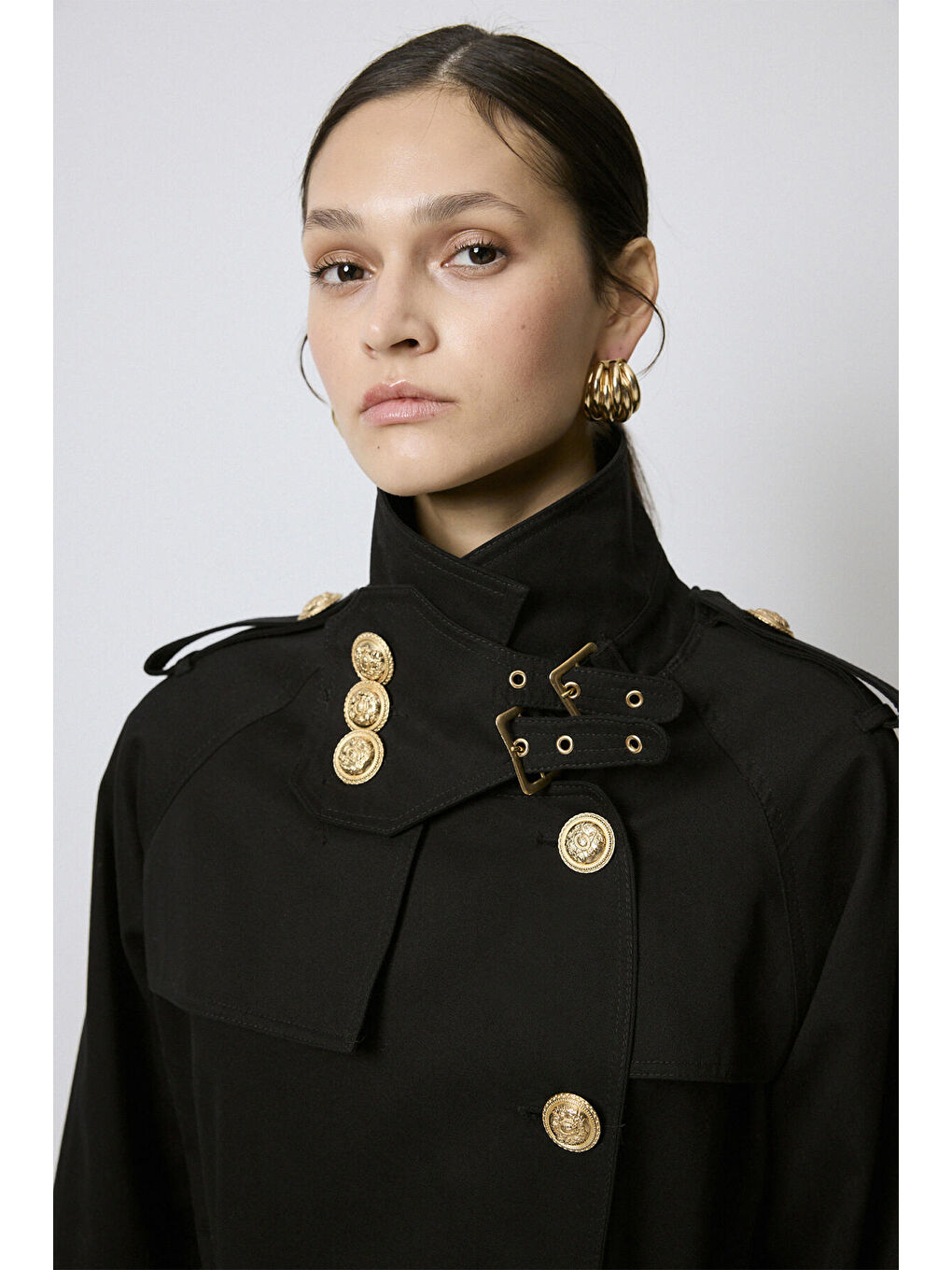 Siyah KEMERLİ GOLD DÜĞMELİ KRUVAZE TRENÇKOT-6