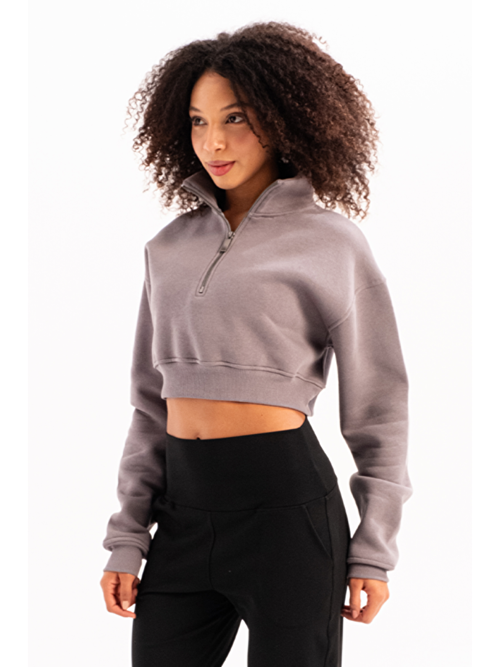 Crop Dik Yaka Yarı Fermuarlı Şardonlu Kadın Sweatshirt Vibe Gri-1
