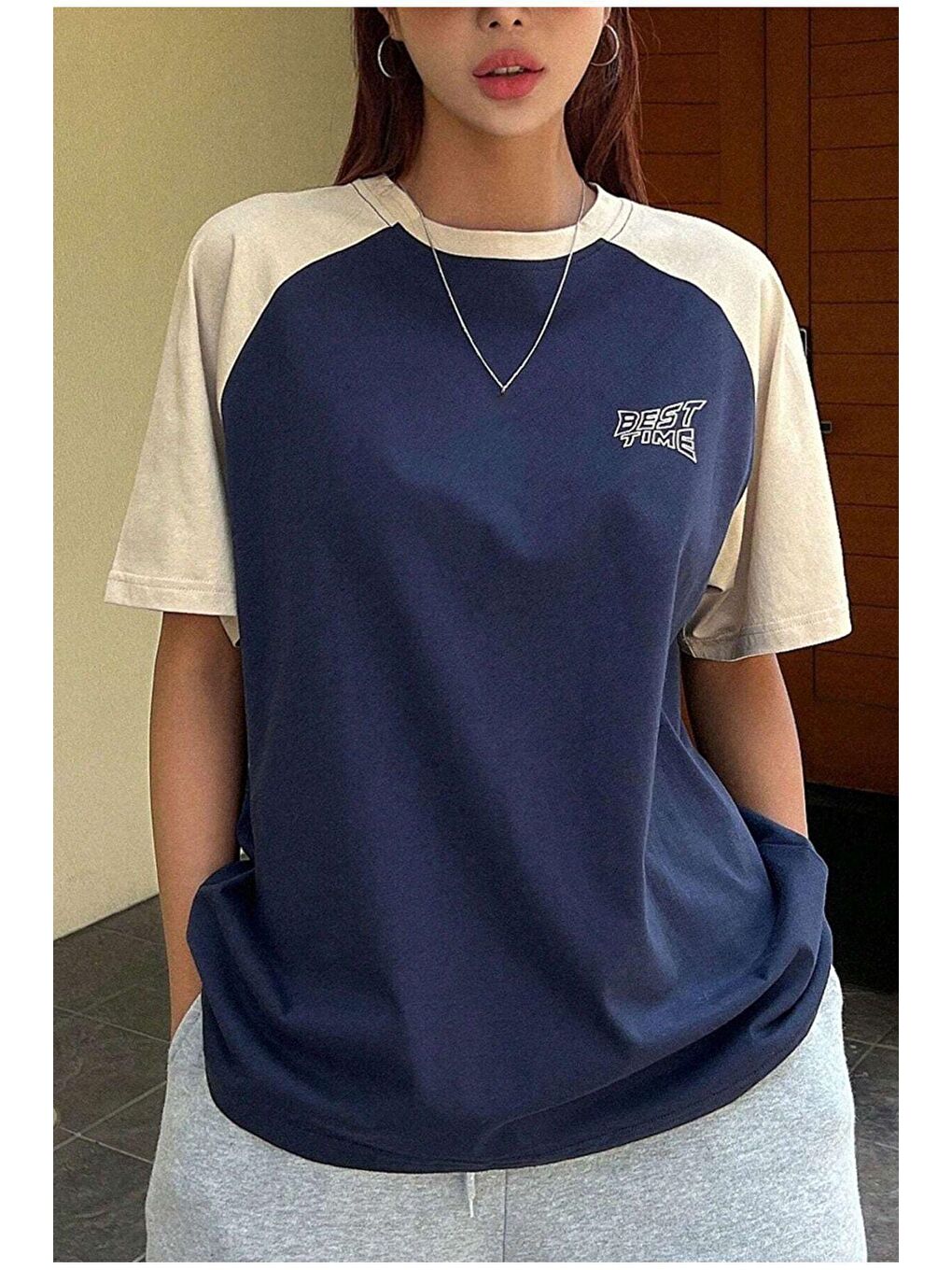 Lacivert Kadın LaciBej Best Time Baskılı Oversize Tişört