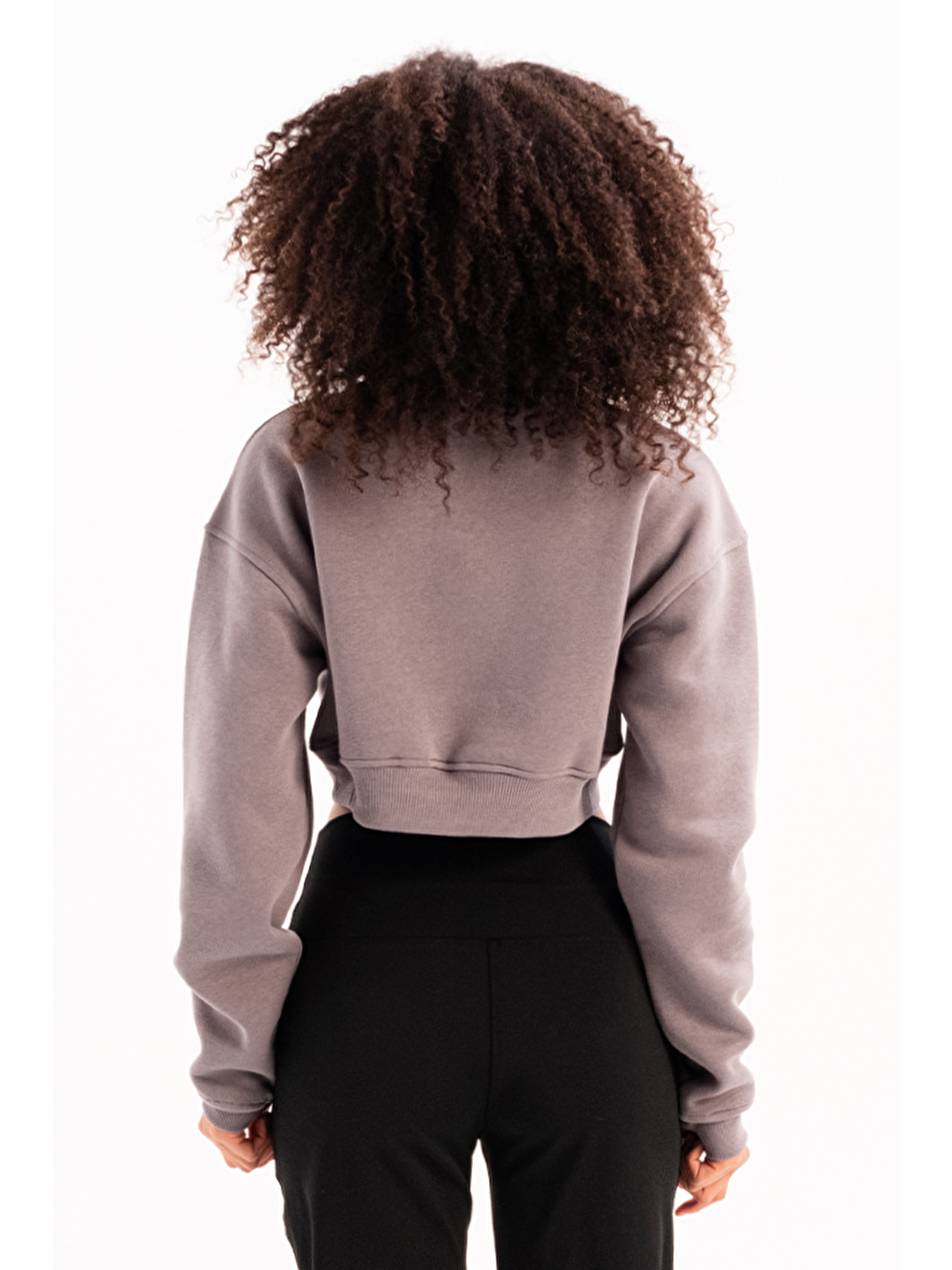 Crop Dik Yaka Yarı Fermuarlı Şardonlu Kadın Sweatshirt Vibe Gri-3