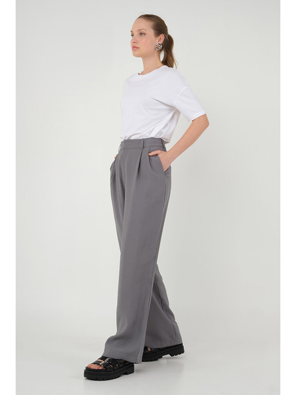 Gri Geniş Paça Pileli Pantolon Duman-2