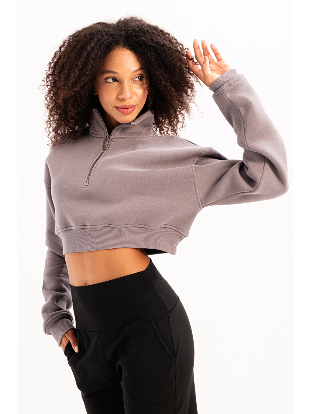 Crop Dik Yaka Yarı Fermuarlı Şardonlu Kadın Sweatshirt Vibe Gri-4