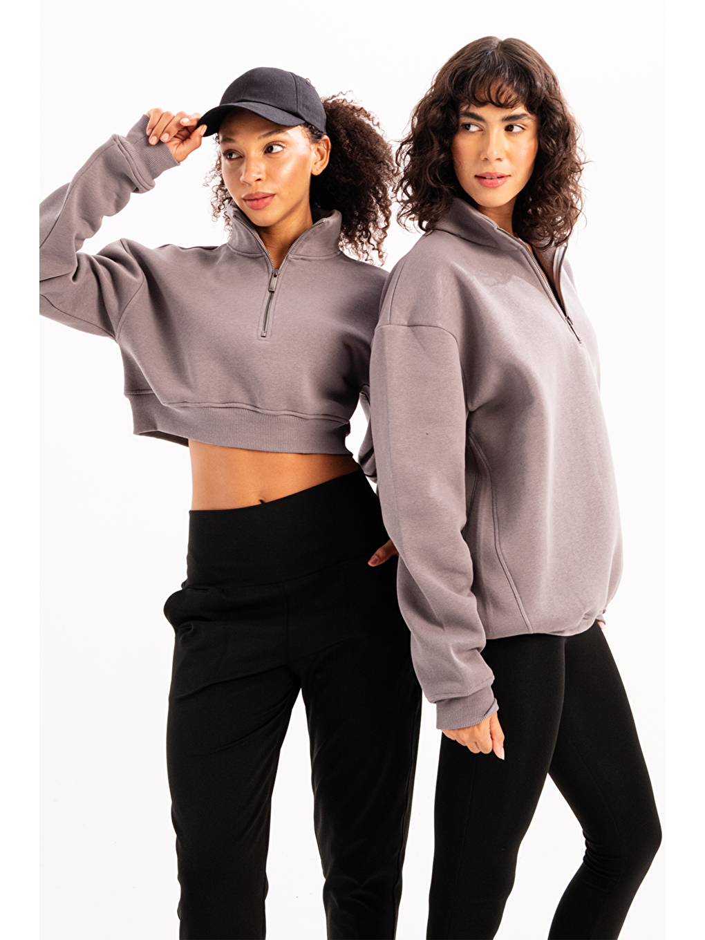 Crop Dik Yaka Yarı Fermuarlı Şardonlu Kadın Sweatshirt Vibe Gri-5