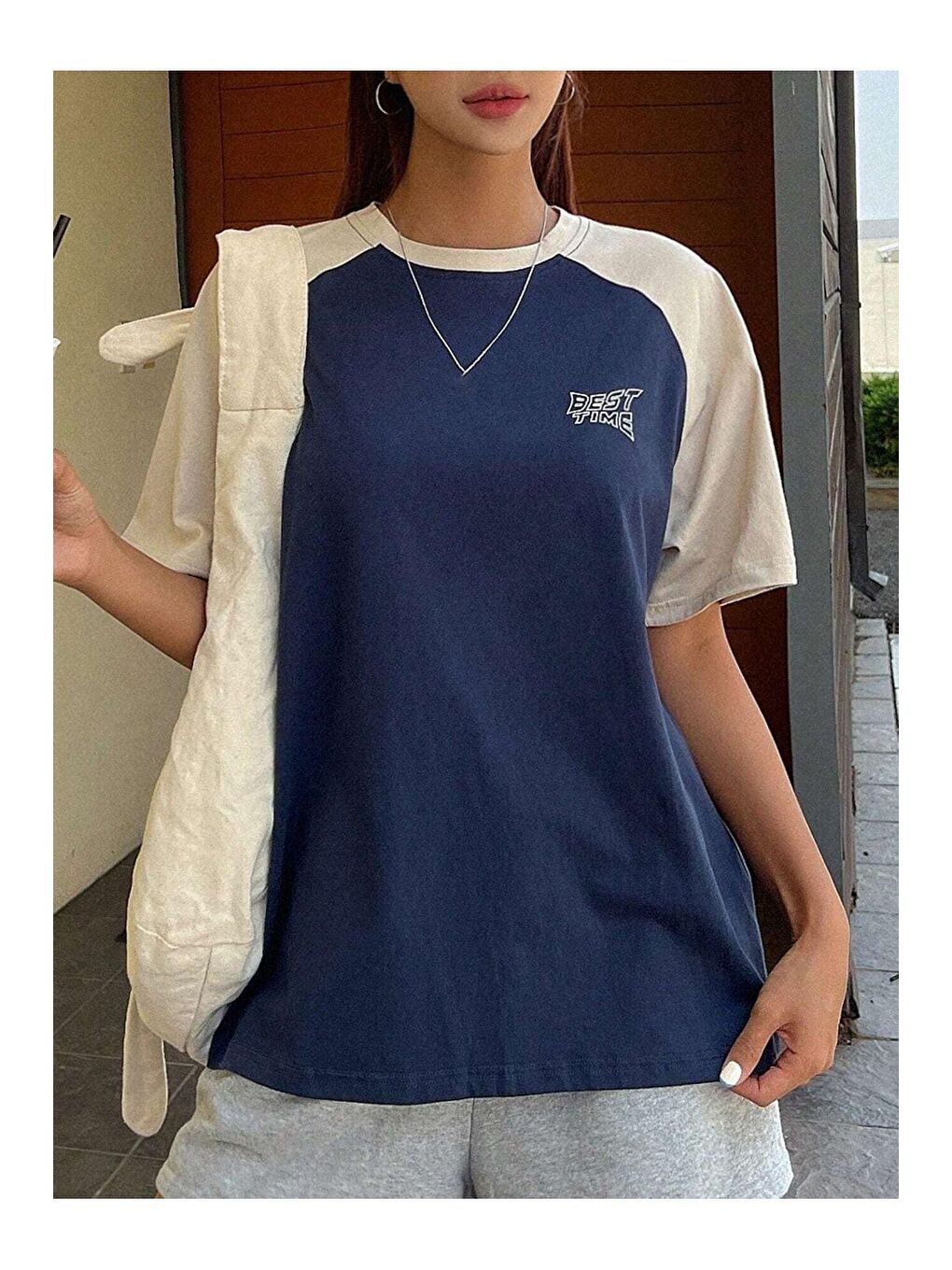 Lacivert Kadın LaciBej Best Time Baskılı Oversize Tişört-3