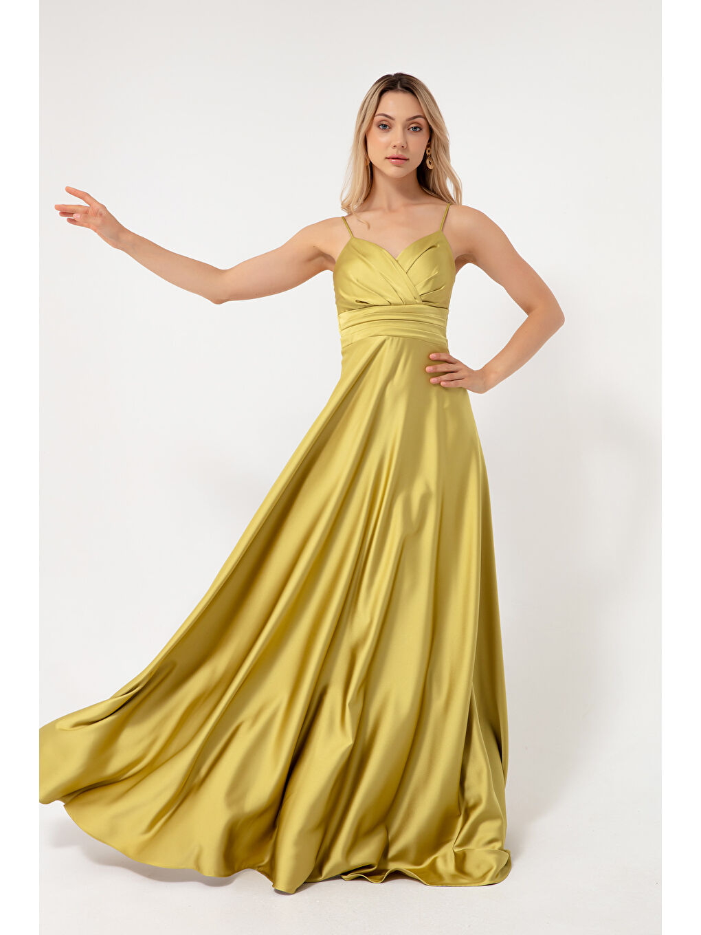 Kadın Yağ Yeşili İp Askılı Bel Kemerli Saten Uzun Abiye & Mezuniyet Elbisesi-1