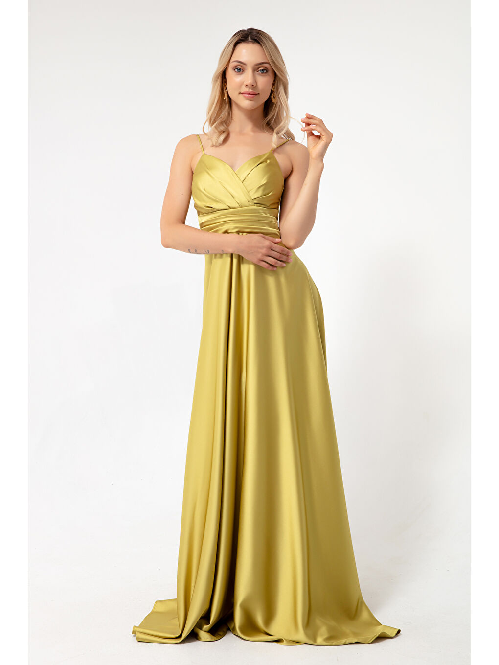 Kadın Yağ Yeşili İp Askılı Bel Kemerli Saten Uzun Abiye & Mezuniyet Elbisesi-2