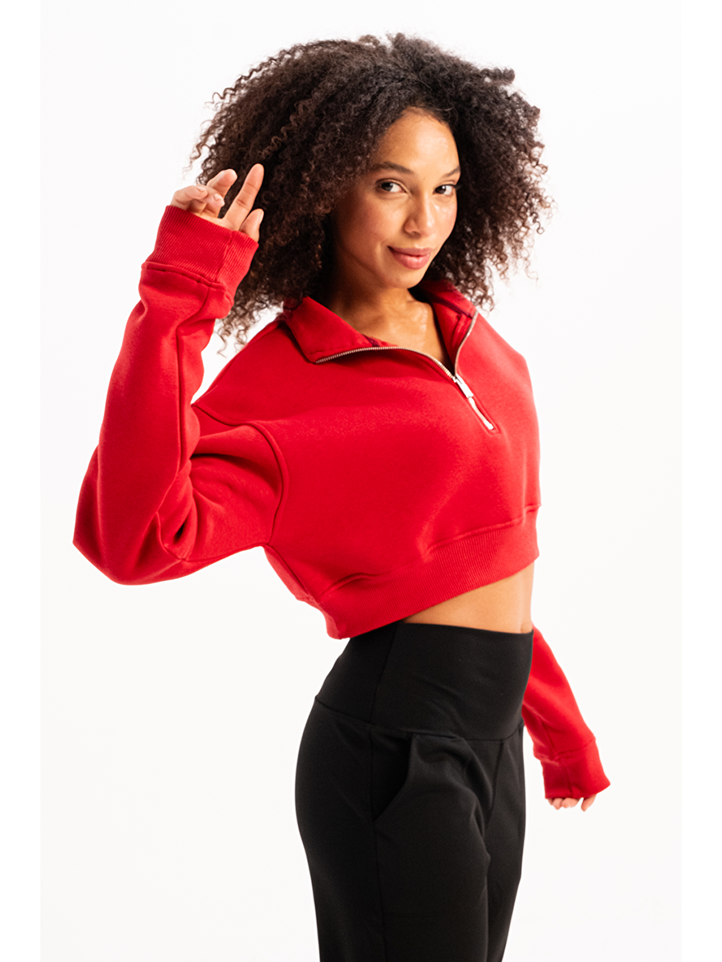 Crop Dik Yaka Yarı Fermuarlı Şardonlu Kadın Sweatshirt Vibe Kırmızı-1