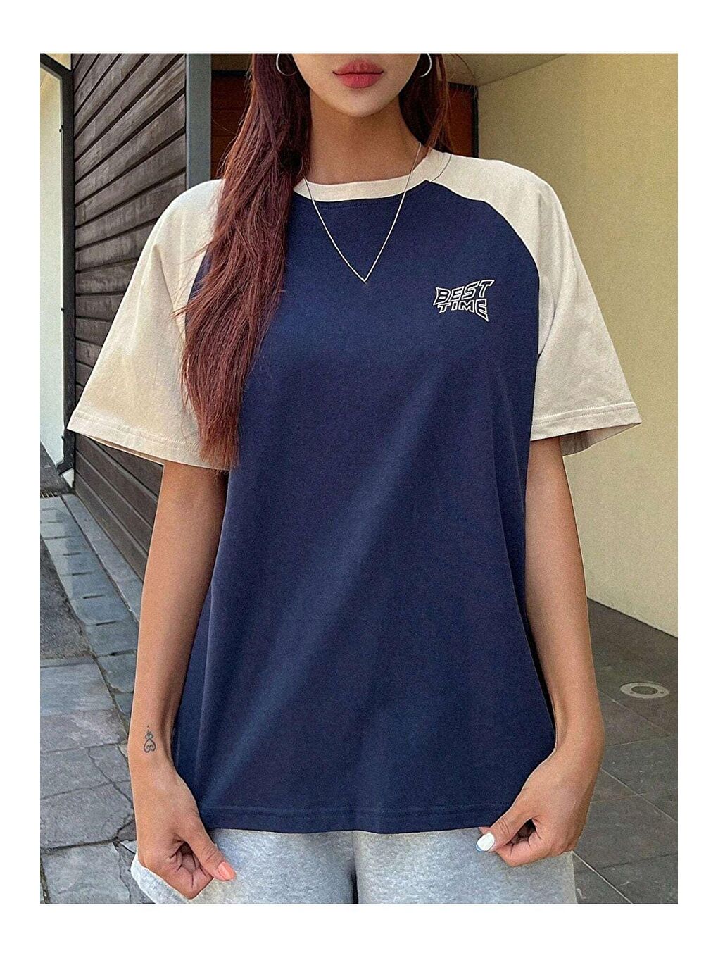 Lacivert Kadın LaciBej Best Time Baskılı Oversize Tişört-4