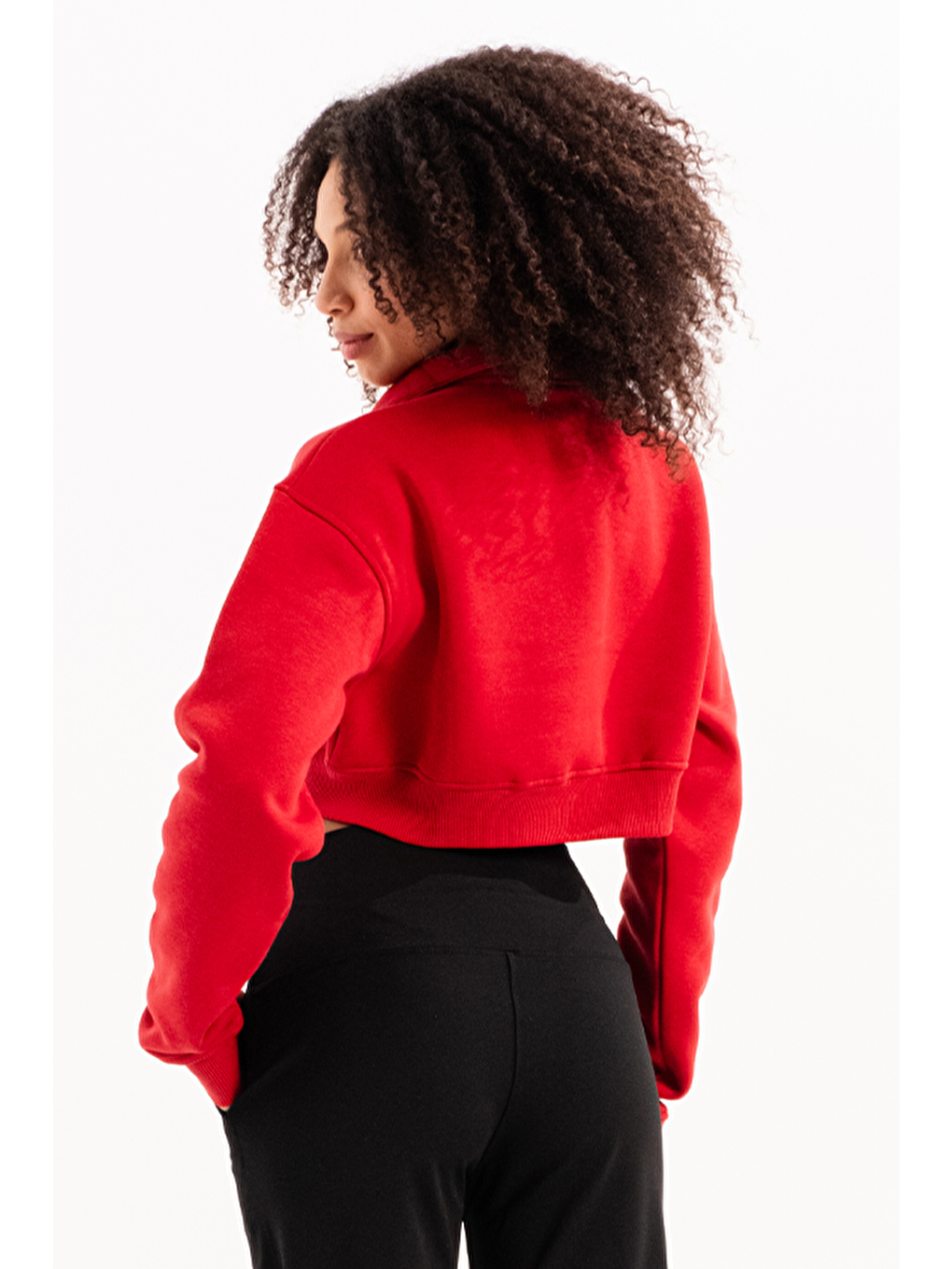 Crop Dik Yaka Yarı Fermuarlı Şardonlu Kadın Sweatshirt Vibe Kırmızı-2