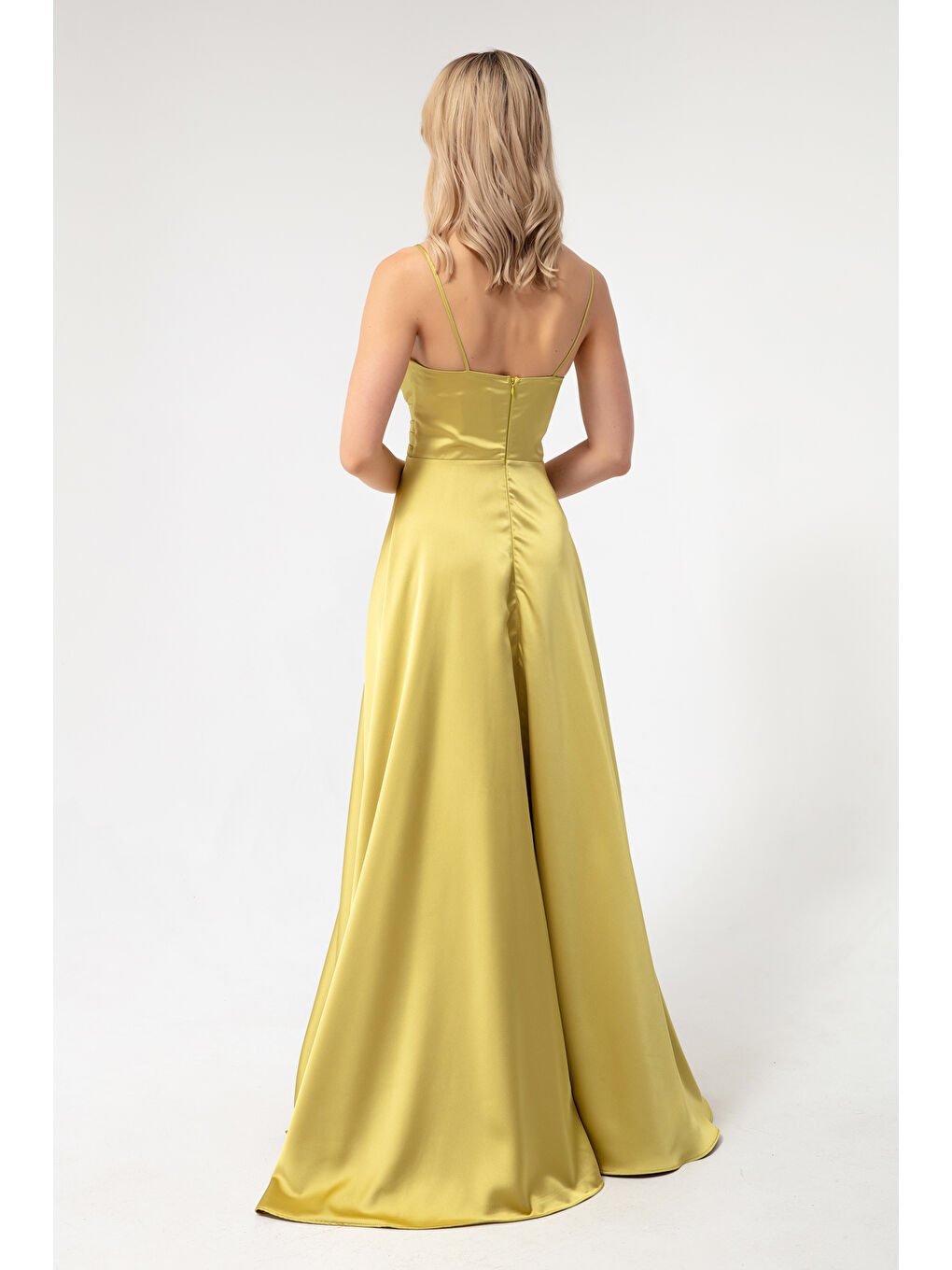 Kadın Yağ Yeşili İp Askılı Bel Kemerli Saten Uzun Abiye & Mezuniyet Elbisesi-4