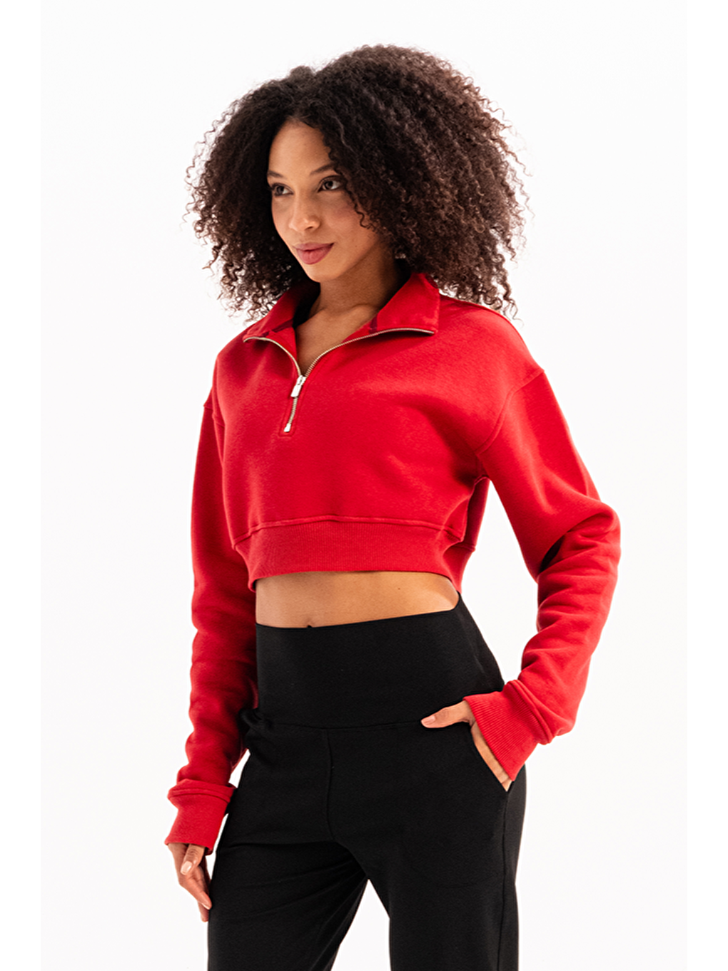 Crop Dik Yaka Yarı Fermuarlı Şardonlu Kadın Sweatshirt Vibe Kırmızı-3