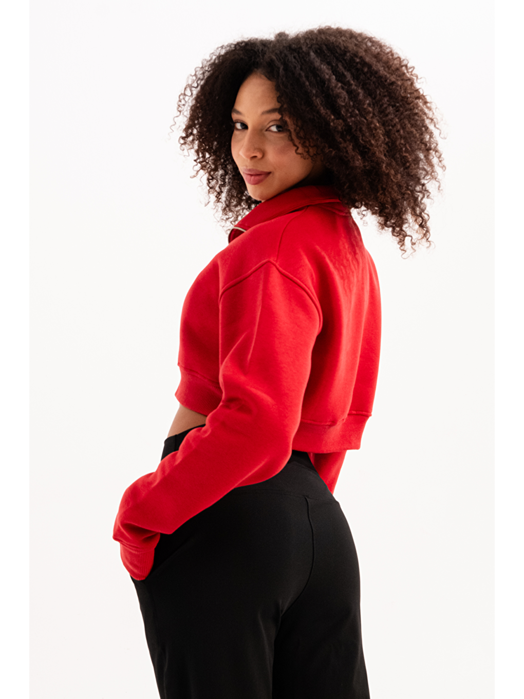 Crop Dik Yaka Yarı Fermuarlı Şardonlu Kadın Sweatshirt Vibe Kırmızı-4