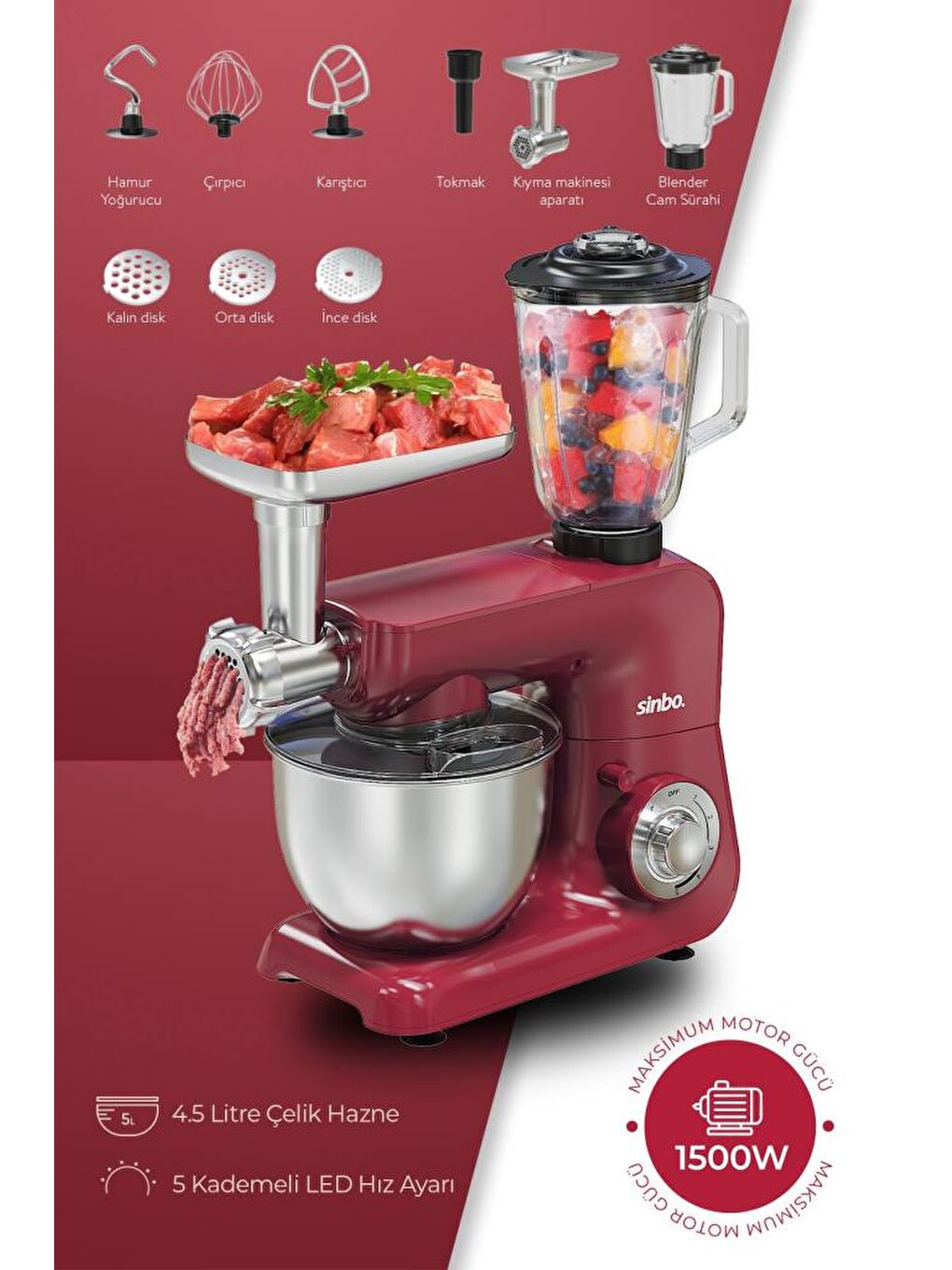 SMX-2775 Çok Amaçlı 3ın1 Mutfak Şefi Hamur Yoğurma Kıyma Makinesi Sürahi Blender 1500w Kırmızı