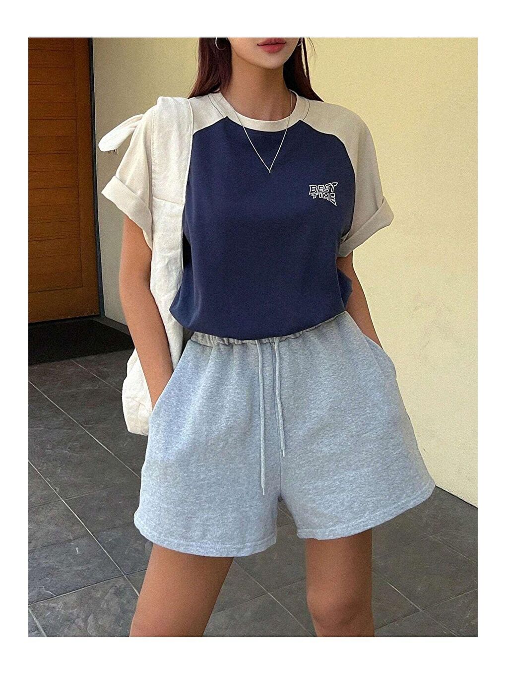 Lacivert Kadın LaciBej Best Time Baskılı Oversize Tişört-6