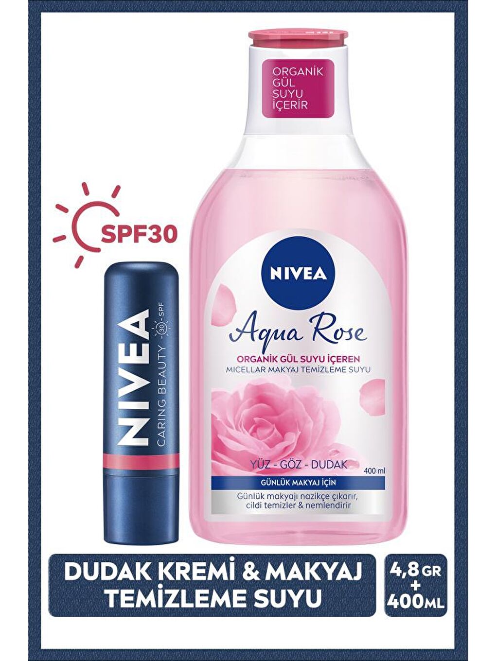 Rose Renkli Nemlendirici Dudak Kremi SPF30 ve Gül Suyu Micellar Günlük Makyaj Temizleme Suyu 400ml