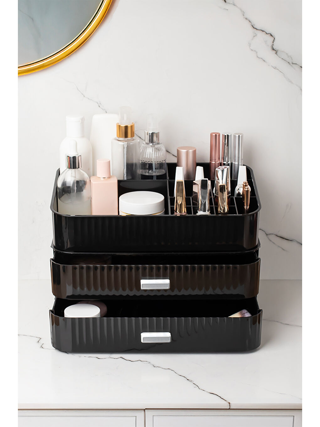 0620 3 Katlı Siyah Makyaj Organizeri - Kozmetik Düzenleyici - Saklama Kutusu-1