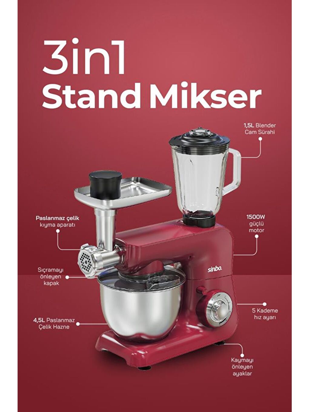 SMX-2775 Çok Amaçlı 3ın1 Mutfak Şefi Hamur Yoğurma Kıyma Makinesi Sürahi Blender 1500w Kırmızı-1
