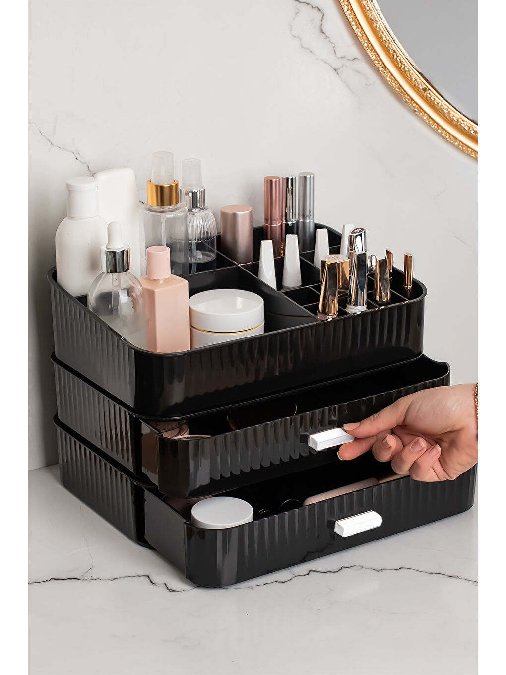 0620 3 Katlı Siyah Makyaj Organizeri - Kozmetik Düzenleyici - Saklama Kutusu-2