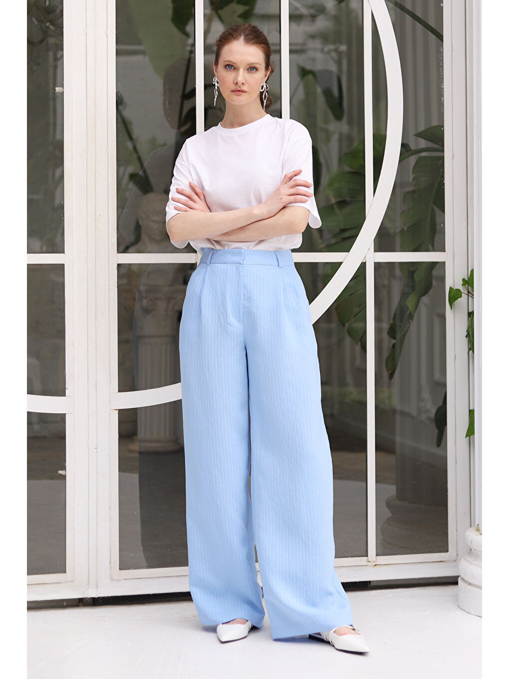 Çizgili Geniş Paça Modal Pantolon Bebe Mavi-1