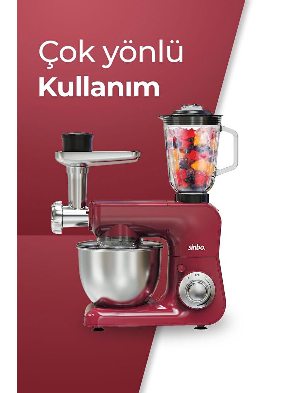 SMX-2775 Çok Amaçlı 3ın1 Mutfak Şefi Hamur Yoğurma Kıyma Makinesi Sürahi Blender 1500w Kırmızı-3