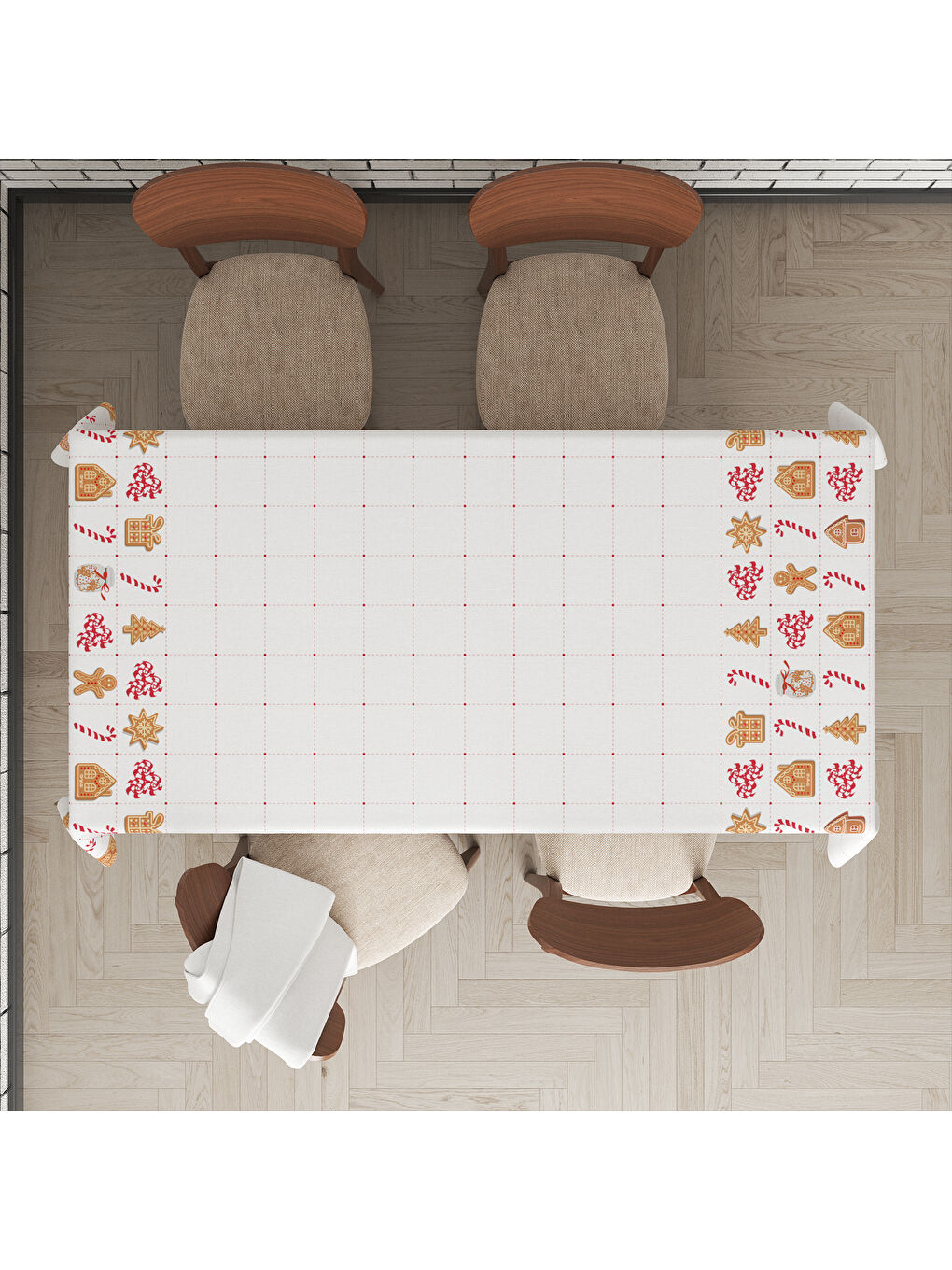 Karışık Yılbaşı Temalı Yılbaşı Kurabiye Desenli Dijital Baskılı Masa Örtüsü