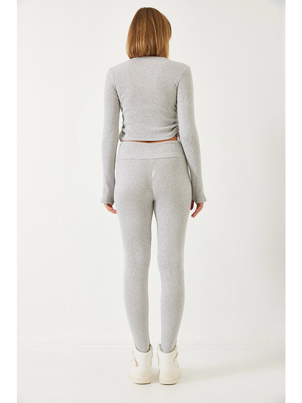 Gri Kadın Parmak Geçirmeli Fitilli Kaşkorse Alt Üst Takım-2