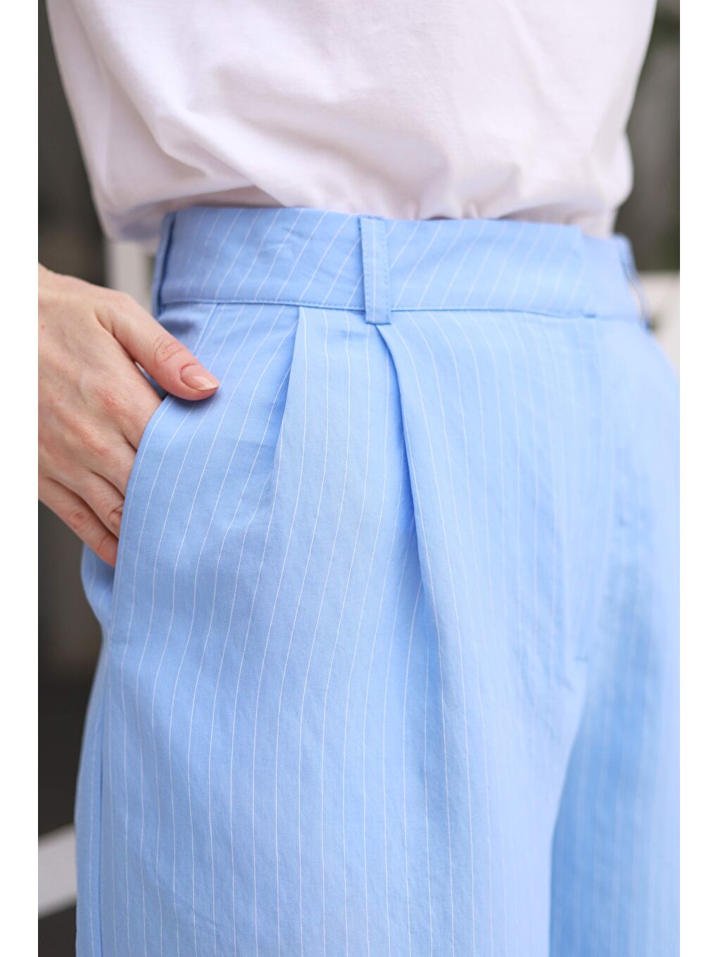 Çizgili Geniş Paça Modal Pantolon Bebe Mavi-2