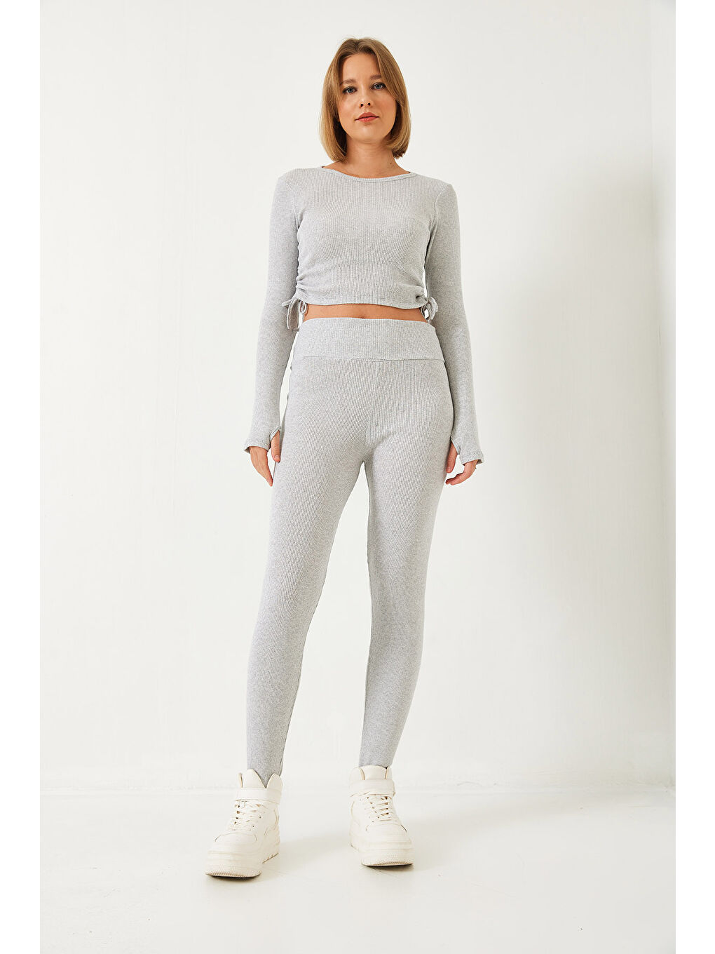 Gri Kadın Parmak Geçirmeli Fitilli Kaşkorse Alt Üst Takım-3