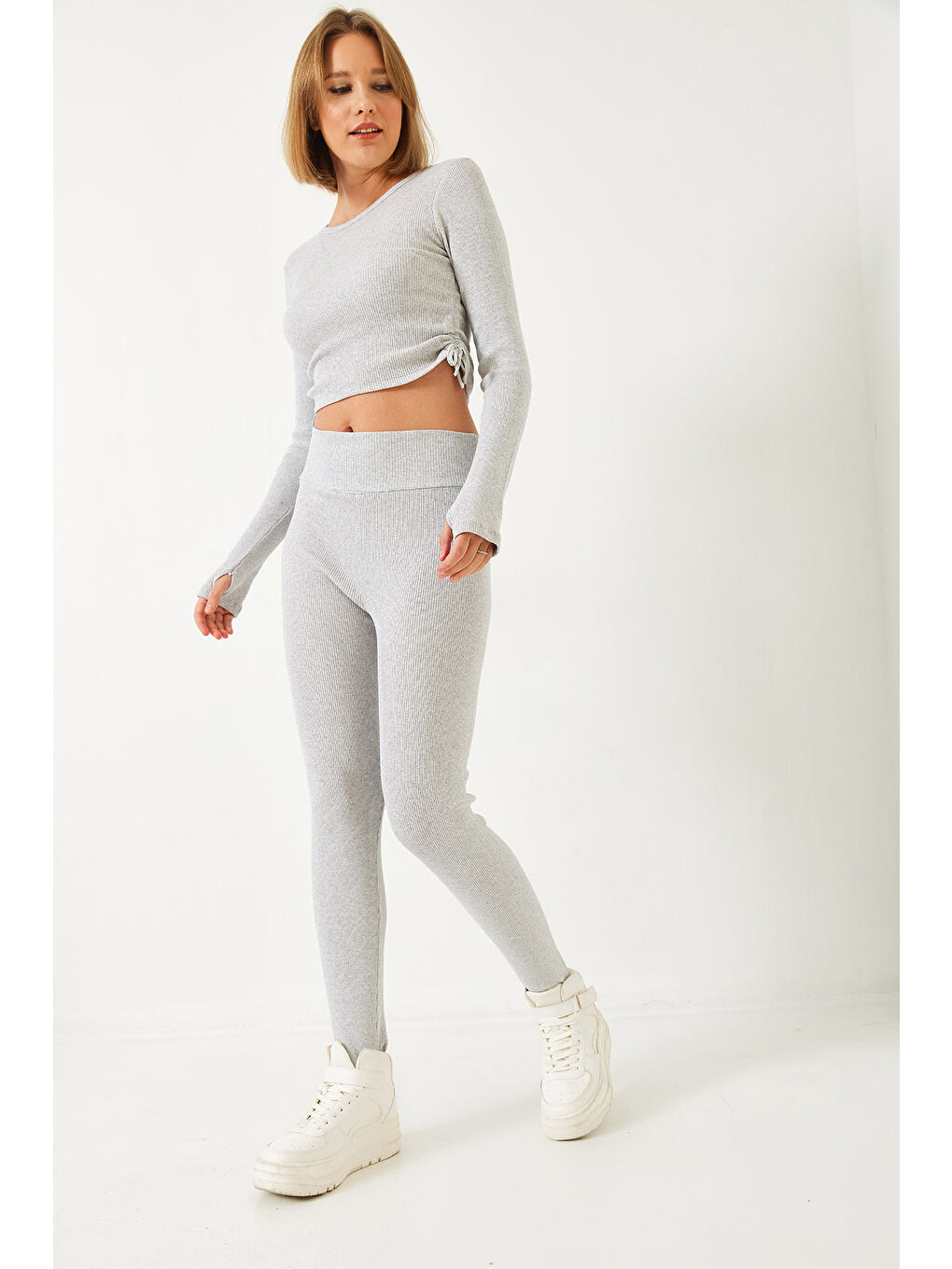 Gri Kadın Parmak Geçirmeli Fitilli Kaşkorse Alt Üst Takım-4