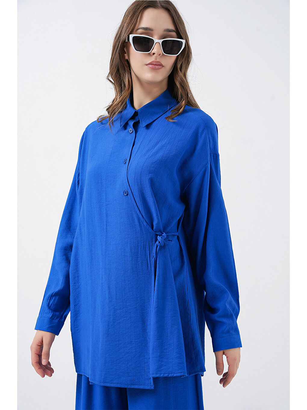 Mavi Kadın Bağcıklı Tunik Pantolon İkili Takım 6752 - Saks-1