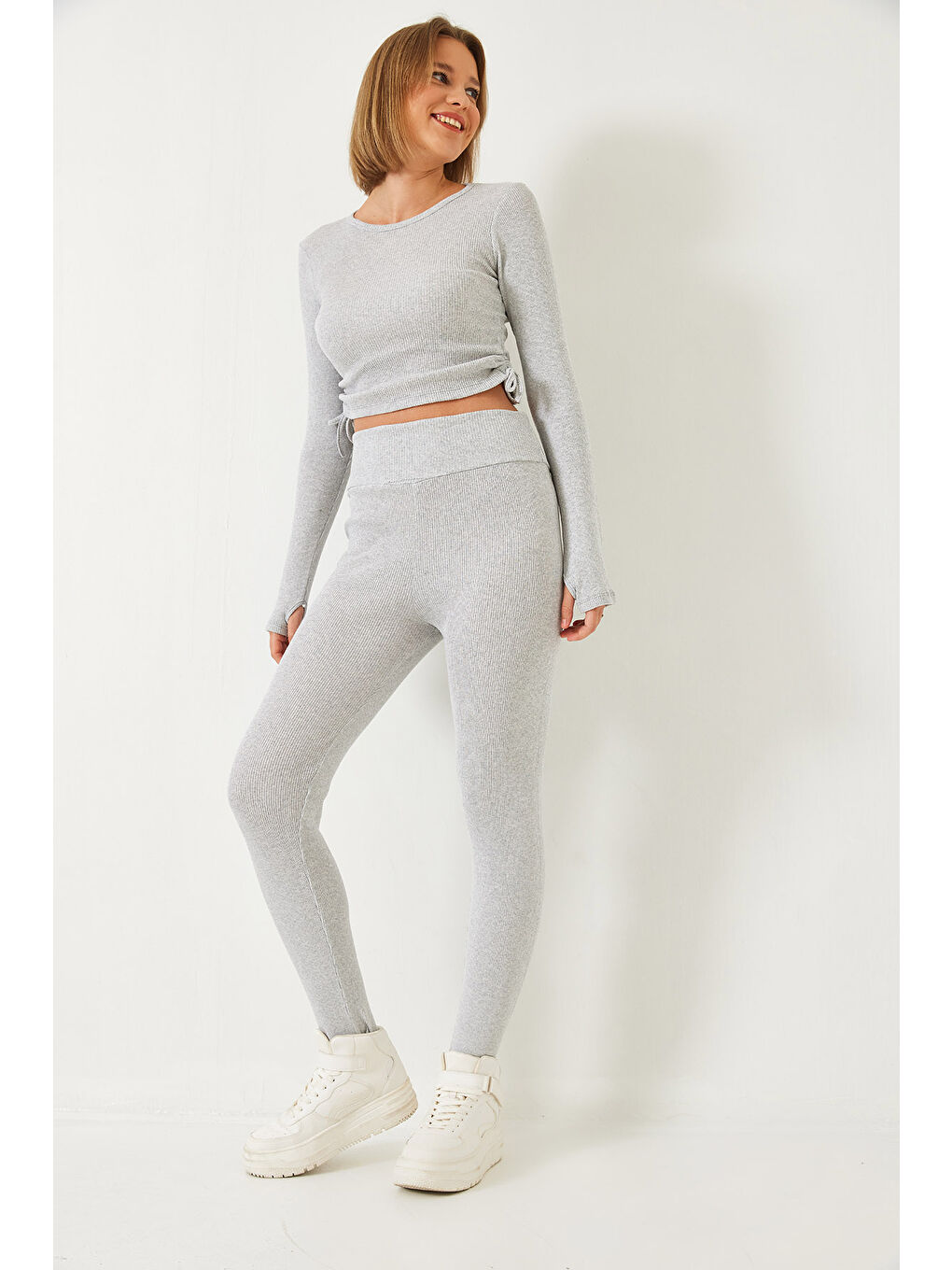 Gri Kadın Parmak Geçirmeli Fitilli Kaşkorse Alt Üst Takım-5