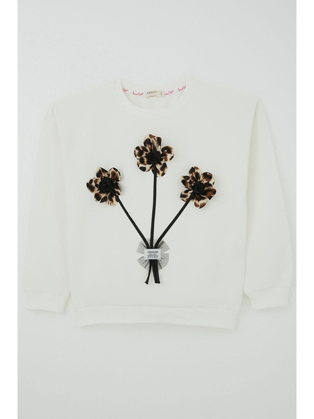 Kız Çocuk Sweatshirt Çiçek Buketi Yazı Armalı Tüllü Ekru (9-14 Yaş)