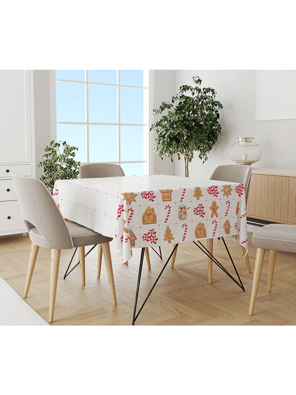 Karışık Yılbaşı Temalı Yılbaşı Kurabiye Desenli Dijital Baskılı Masa Örtüsü-1