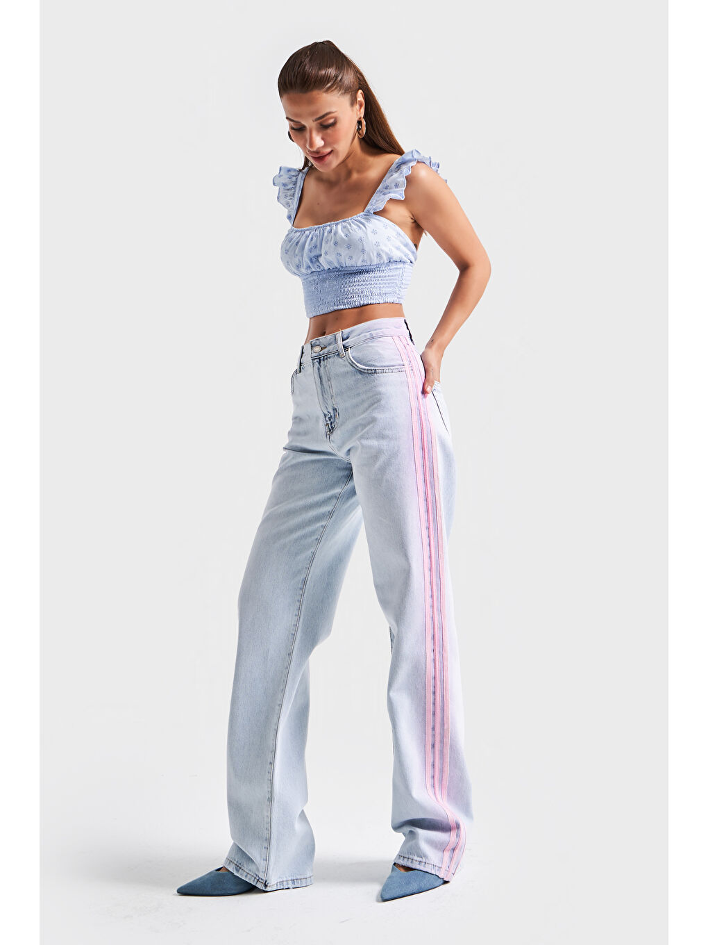 Mavi Kadın Jean Rengi 4s5-100 Neon Şerit Detaylı Loose Fit %100 Pamuk Tasarım Denim Jean-2