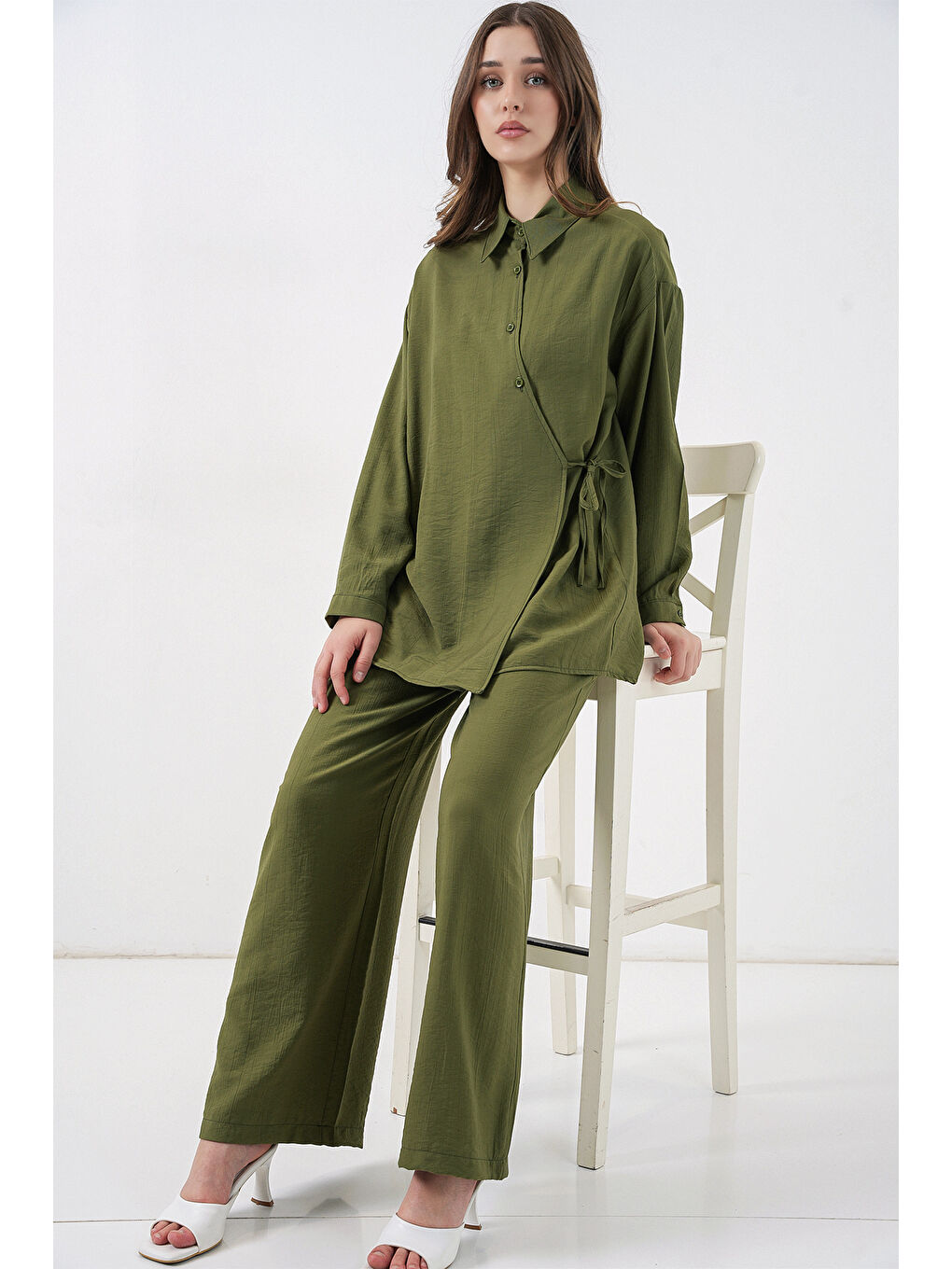 Kadın Bağcıklı Tunik Pantolon İkili Takım 6752 - Haki-2