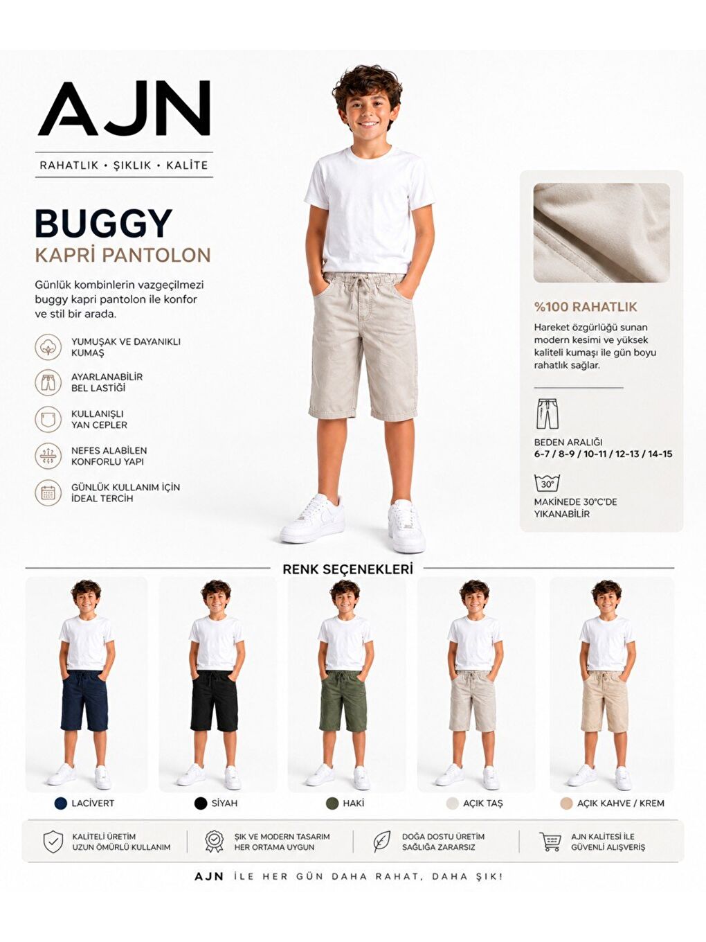 Bej Kids Haki Beli Lastikli Erkek Çocuk Şort-1