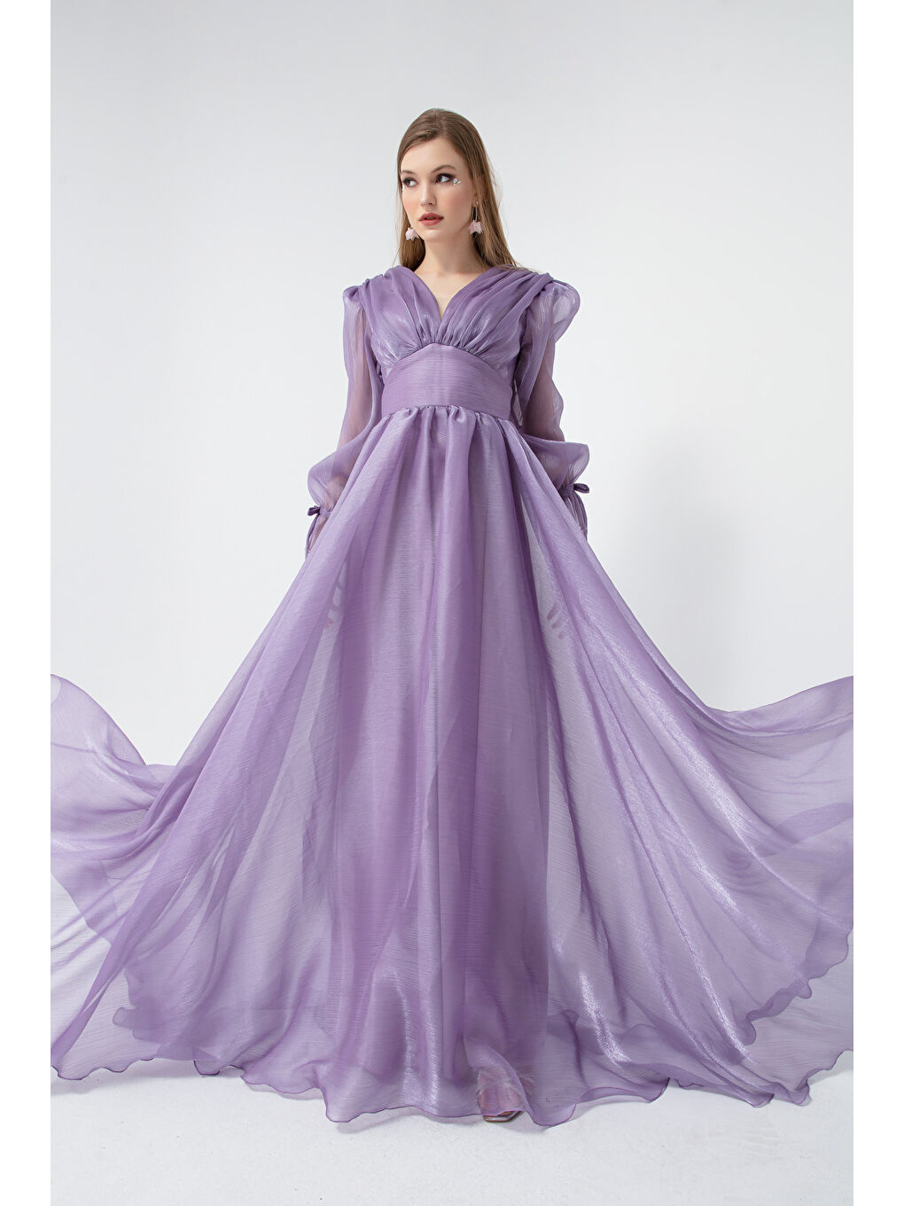 Kadın Lila Balon Kol V Yaka Uzun Abiye Elbise
