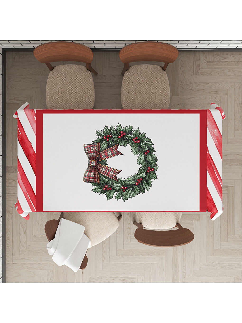 Karışık Yılbaşı Temalı Çelenk Desenli Dijital Baskılı Masa Örtüsü-1