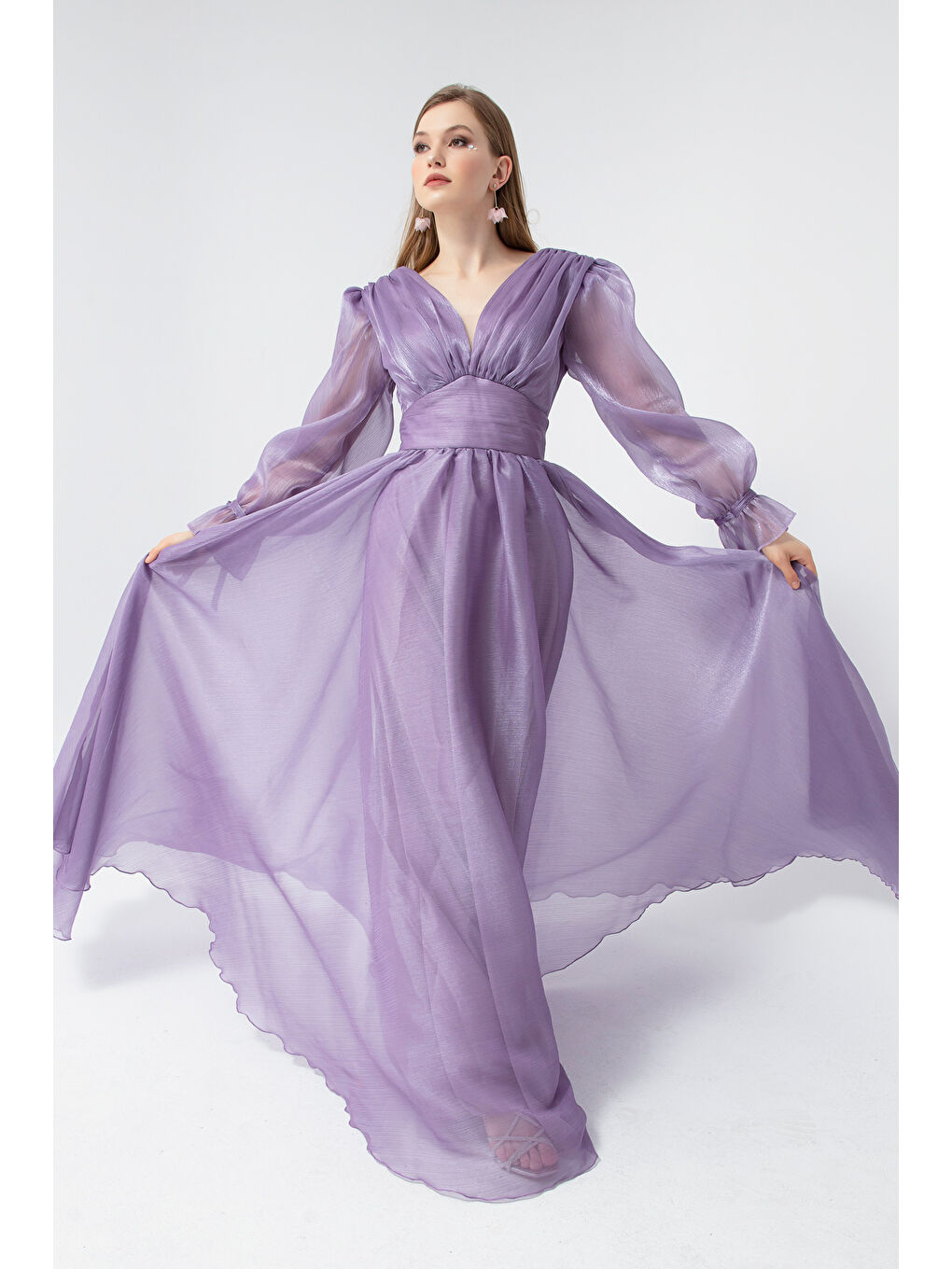 Kadın Lila Balon Kol V Yaka Uzun Abiye Elbise-1