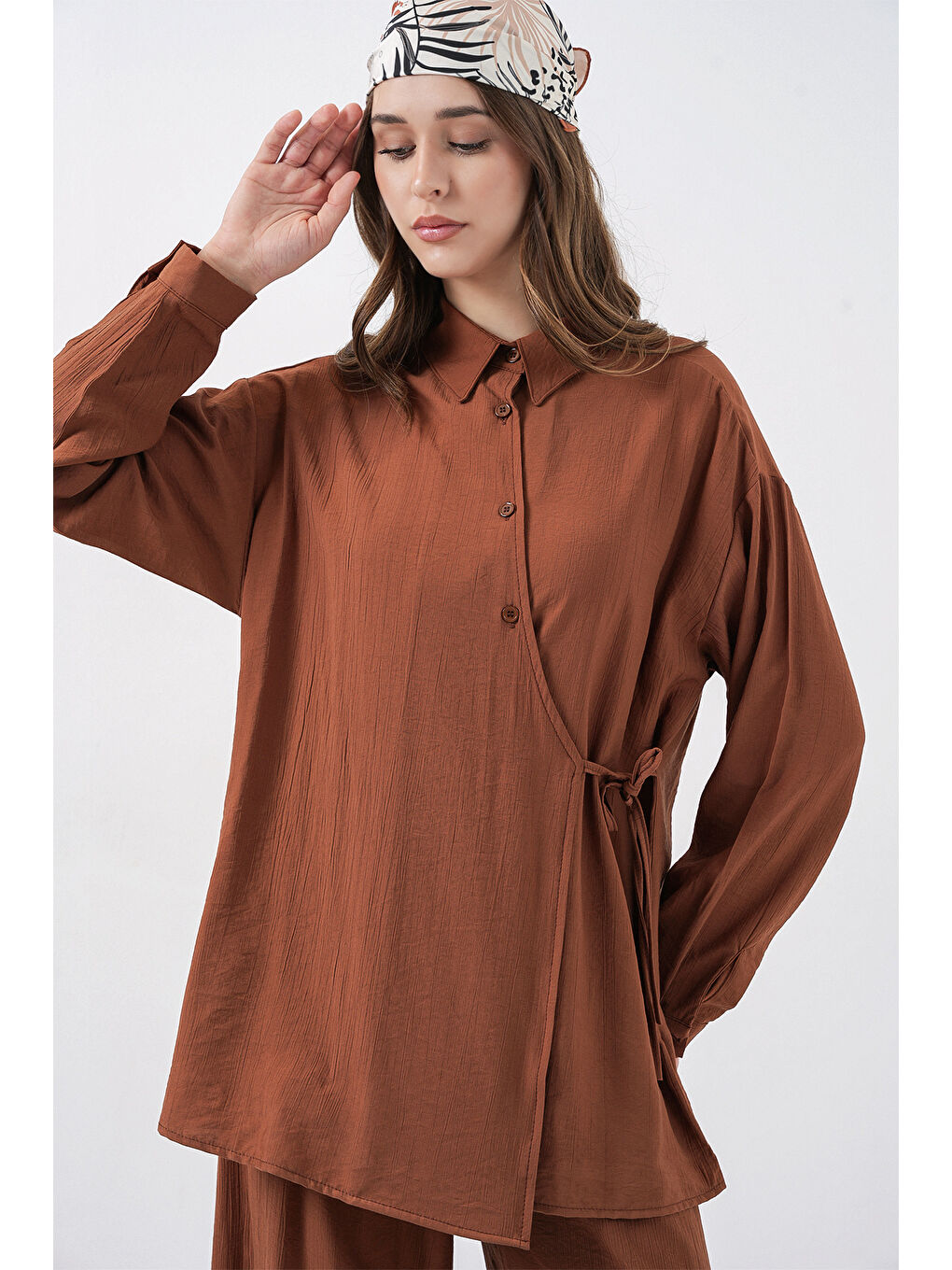 Kahverengi Kadın Bağcıklı Tunik Pantolon İkili Takım 6752 - Taba-1