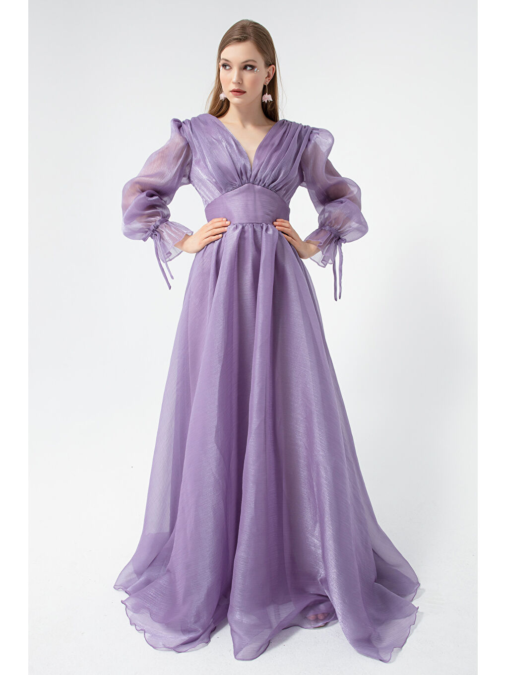 Kadın Lila Balon Kol V Yaka Uzun Abiye Elbise-2