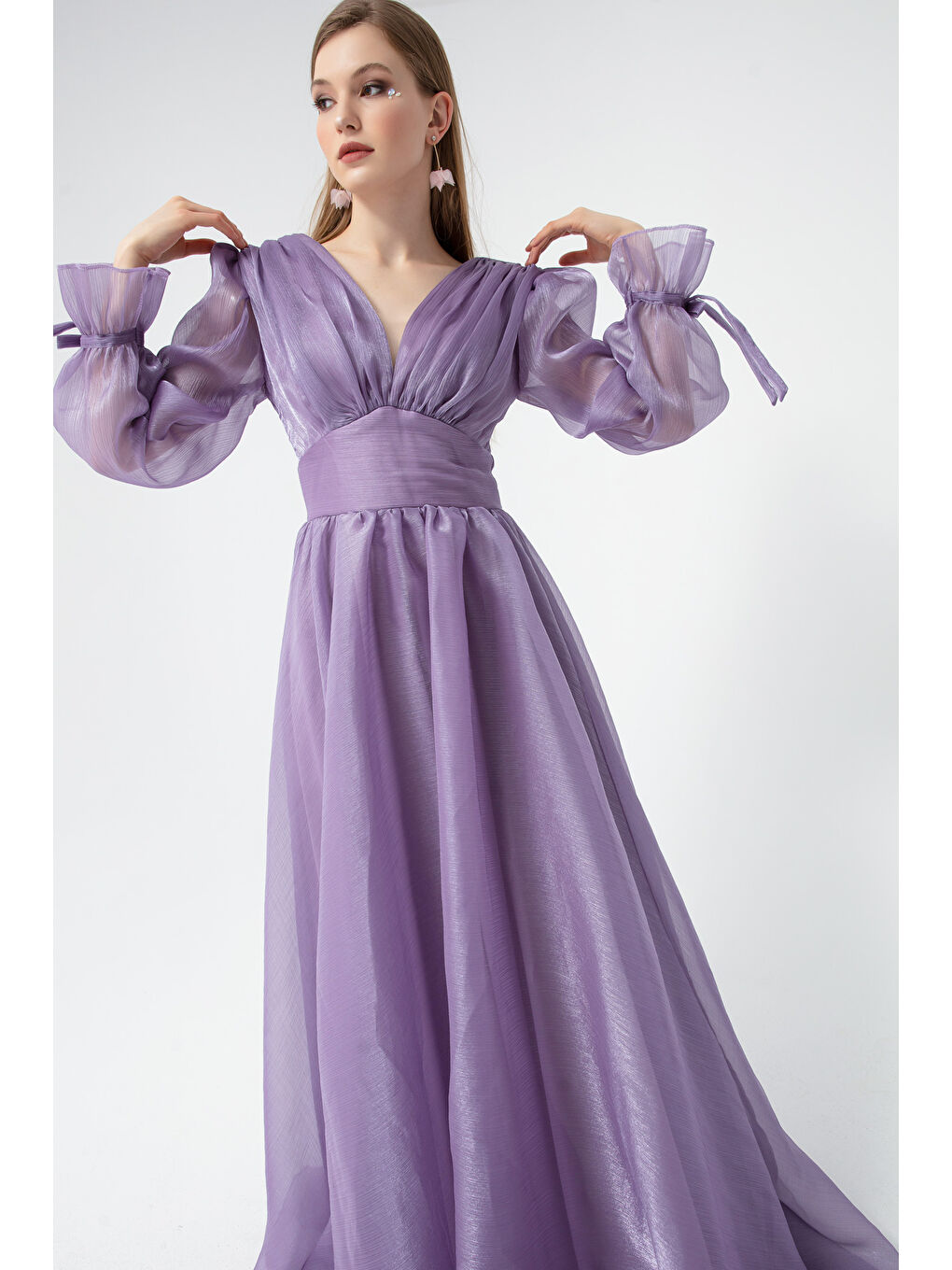 Kadın Lila Balon Kol V Yaka Uzun Abiye Elbise-3